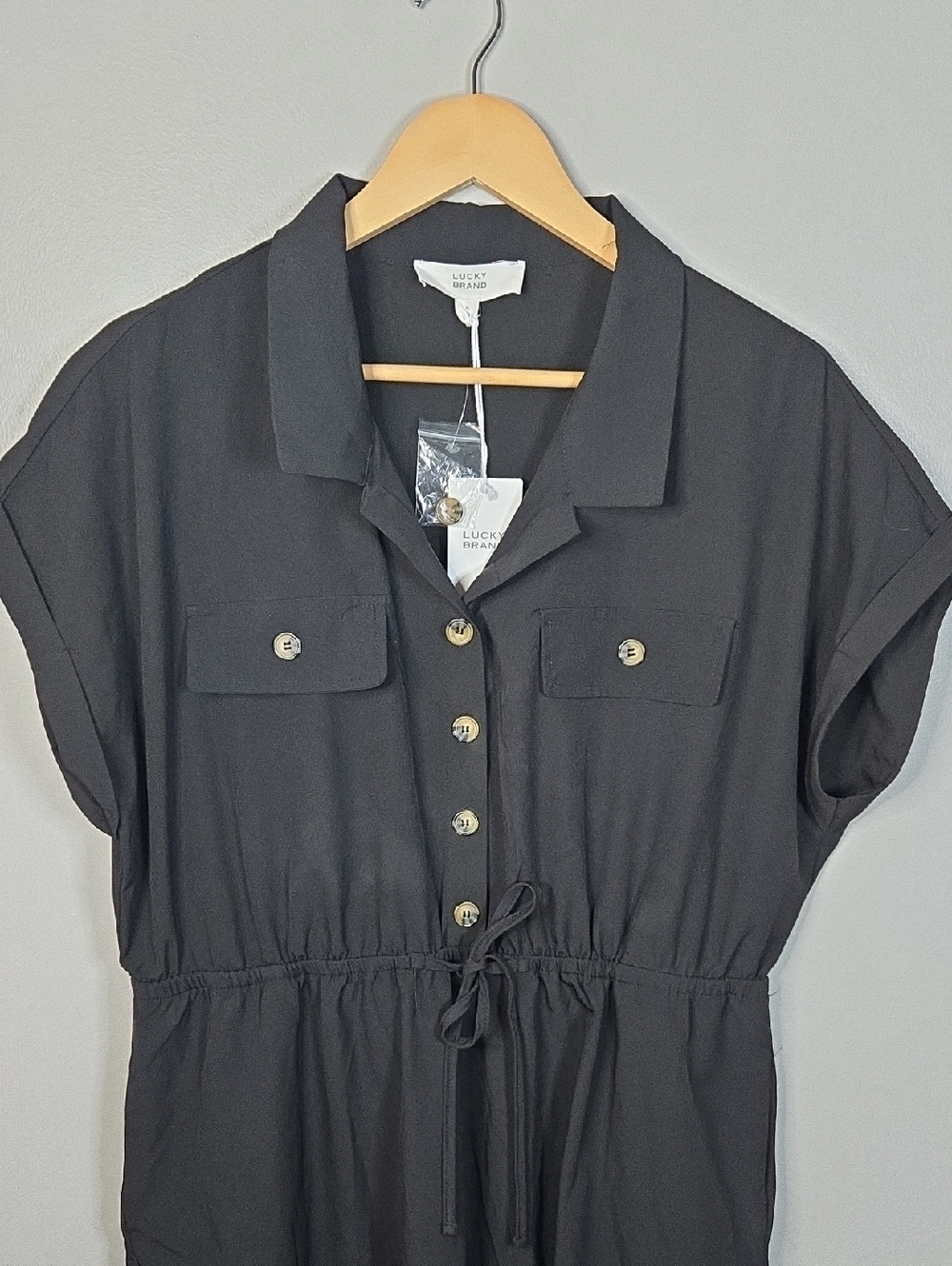 Lucky Brand Size XL Utility Style Black Button-Front Elastic Waist Dress NEW